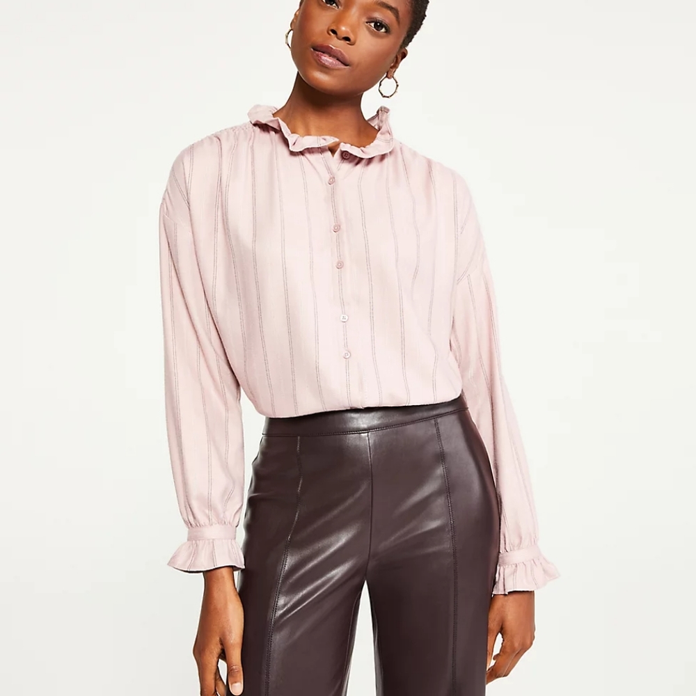 Ann Taylor Pinstripe Ruffle Button Down Shirt